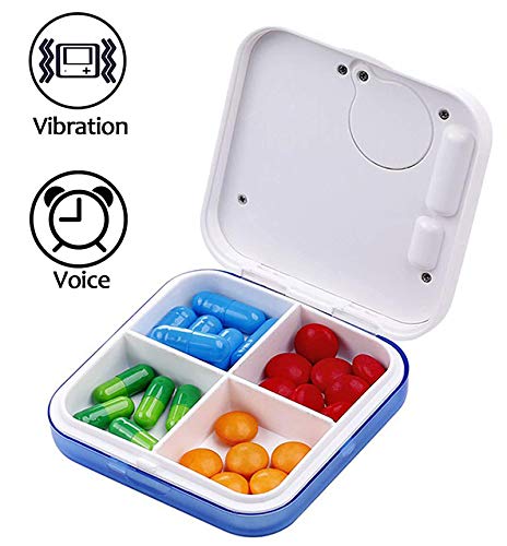 [Australia] - Hanguang Pill Box, 4 Compartment Intelligent Sealed Alarm Pill Box, Mini Portable Electronic Pill Timer-Reminder-Dispenser with Digital Screen for Vitamins, Cod Liver Oil, Supplements and Medication Blue 