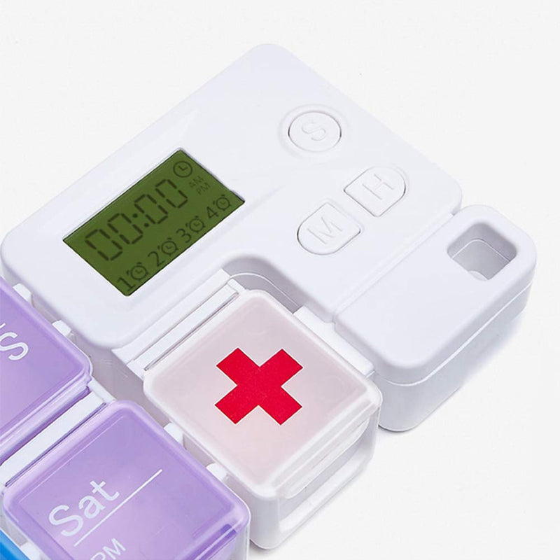 [Australia] - Portable Pill Box with Smart Reminder Alarm, 14 Grids Intelligent Electronic Digital Timer AM and PM Medicine Dispenser, Weakly Pill Organiser for Outdoor Travel Work 