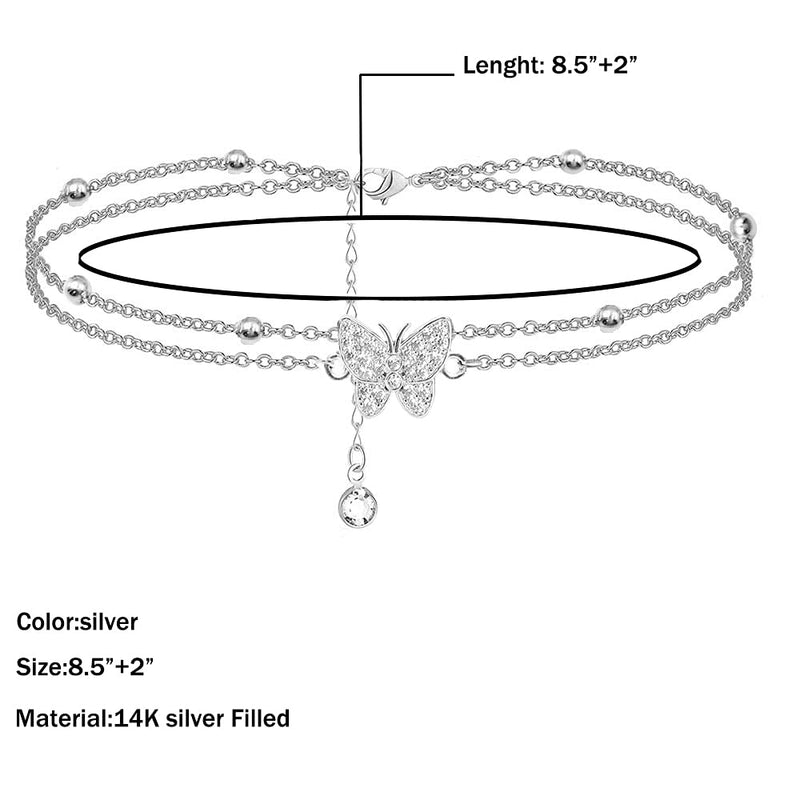 [Australia] - 14K Butterfly Silver anklets for Women - Adjustable Layered Women's anklets - Jewelry Anklet Gifts for Women Teen Girls 