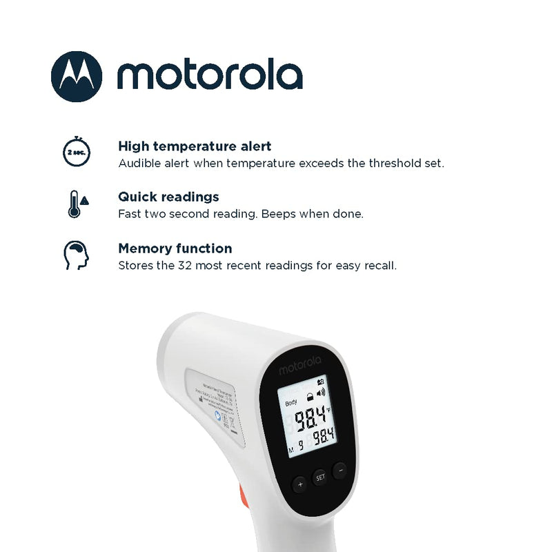 [Australia] - Motorola TE-94 Infrared Touchless Forehead Thermometer for Adults and Kids - Backlit Display, Memory Function, High Temp Alert - White 