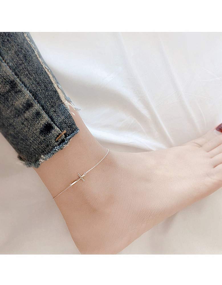 [Australia] - Cross Anklets for Women Teen Girls Men 925 Sterling Silver White Gold Plated Sideways Cross Adjustable Chain Classic Dainty Charm Foot Anklet Bracelet Baptism Birthday Gift Jewelry 