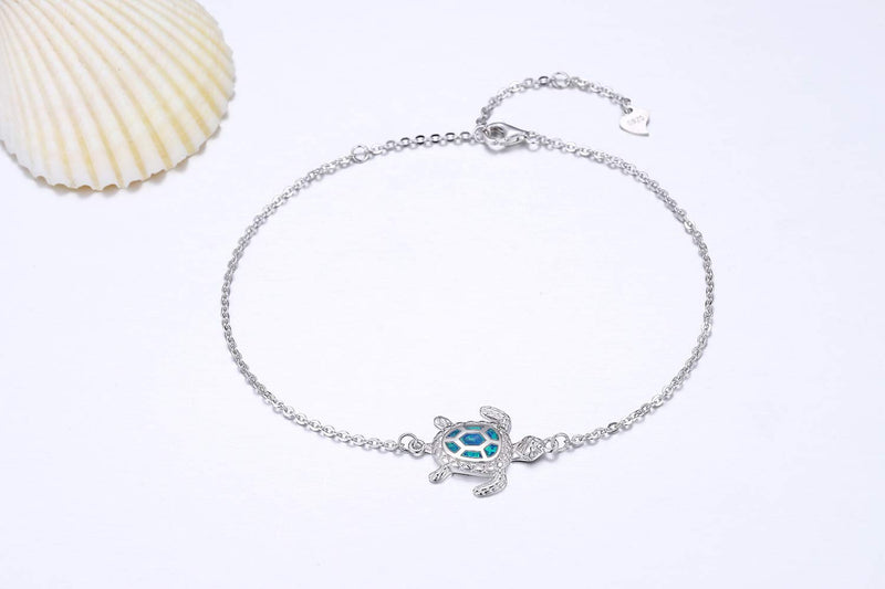 [Australia] - Blue Opal Sea Turtle Ankle Bracelet Sterling Silver Anklet Jewelry For Women Gifts New Version 4 Level Adjustable Anklet (Large Bracelet) 