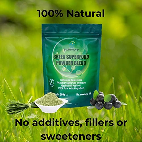 [Australia] - Super Greens Powder Blend - Vitamin Mineral Nutrient Rich - Immune System & Energy Boost - Vegan Vegetarian Superfoods Supplement Alkaline 100% Natural Gluten Free Detox- 250g 50 Servings, Evanmore 