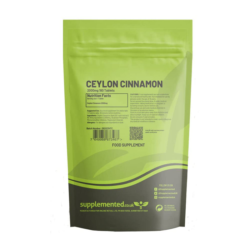 [Australia] - Ceylon Cinnamon 2000mg 180 Tablets UK Made Vegan Pharmaceutical Grade Blood Sugar Metabolism Supplement 