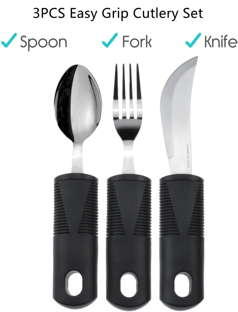 [Australia] - Extra Wide Handles Easy Grip Cutlery Set, Corfort Grips Disability Ideal Dining aid (Black 3PCS Curved) Black 3PCS Curved 