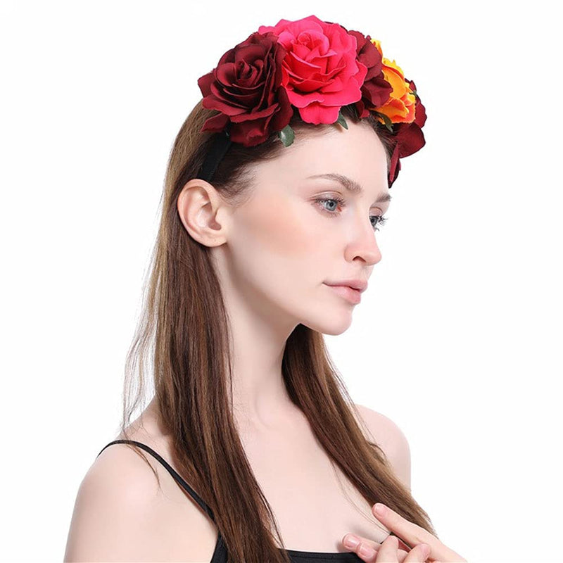 [Australia] - Bohemia Floral Headband Rose Flower Crown Mexican Headpiece Day of the Dead Flower Crown Hair Accessories for Cosplay Carnival Party Beach Party Vacation 