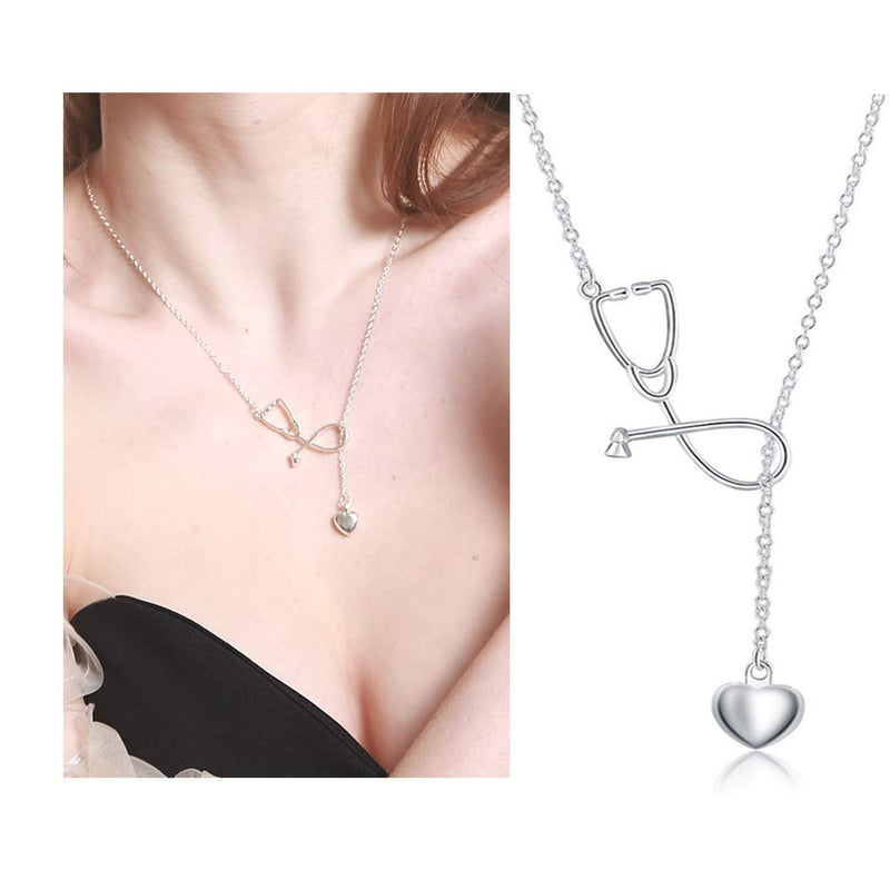[Australia] - Heart Stethoscope Necklace Set for Nurse Gifts Doctors Medical Nursing Jewelry Necklace for Doctor Nurse A-Silver-set 
