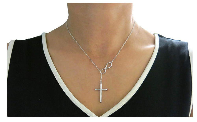 [Australia] - Verona Jewelers Sterling Silver 925 Infinity Cross Lariat Necklace- Sterling Silver Pendant Necklace 