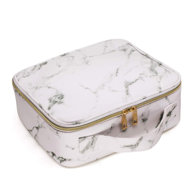 [Australia] - JUER Travel Makeup Train Case with Adjustable Dividers White Marble Makeup Organizer Bag Portable Cosmetic Storage Cases with Brush Holders (White marble texture) White marble texture 