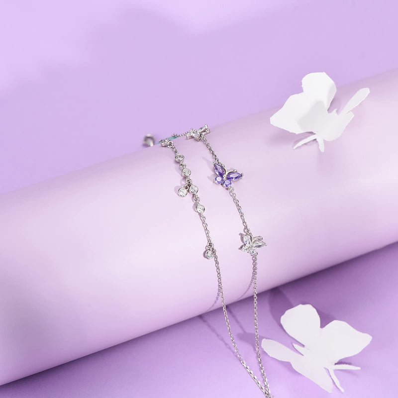 [Australia] - ATTRACTTO Butterfly Anklet Bracelets for Women 925 Sterling Silver Layered Anklets for Sea Beach Foot Ankle for Teen Girls Wife Girlfriend Mother Purple Buttefly Anklet 