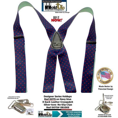 [Australia] - Holdup Designer Series Blue with Red Dot Pattern X-back Suspenders with Silver-tone No-slip Clips 