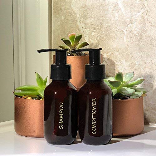 [Australia] - Bottiful Home - 3 oz. Refillable Amber Plastic Travel Bottles Set of 5 w Pumps - Gold Printed Shampoo, Conditioner, Body Wash, Lotion + Other - TSA-Compliant 