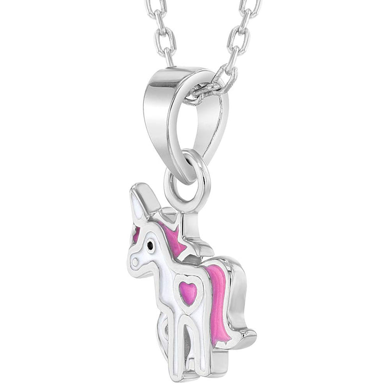 [Australia] - 925 Sterling Silver Pink & White Enamel Heart Unicorn Necklace Pendant for Girls 16" 