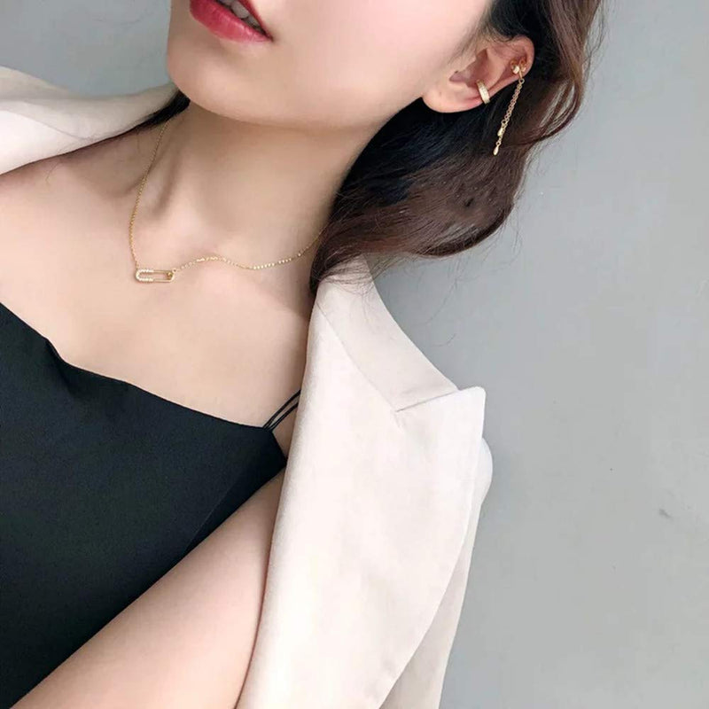 [Australia] - Crystal Paperclip Safety Pin Pendant Choker Necklace for Women Girls 925 Sterling Silver 14K Gold Plated Dainty CZ Diamond Clip Drop Adjustable Chain Personalized Jewelry Fashion Gifts Box BFF 