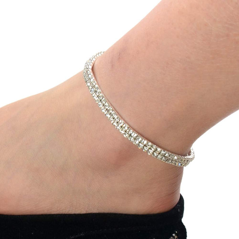 [Australia] - Shuning Sexy Anklets for Women Crystal Rhinestone Stretch Tennis Ankle Elastic Bracelet 2Pcs Silver 