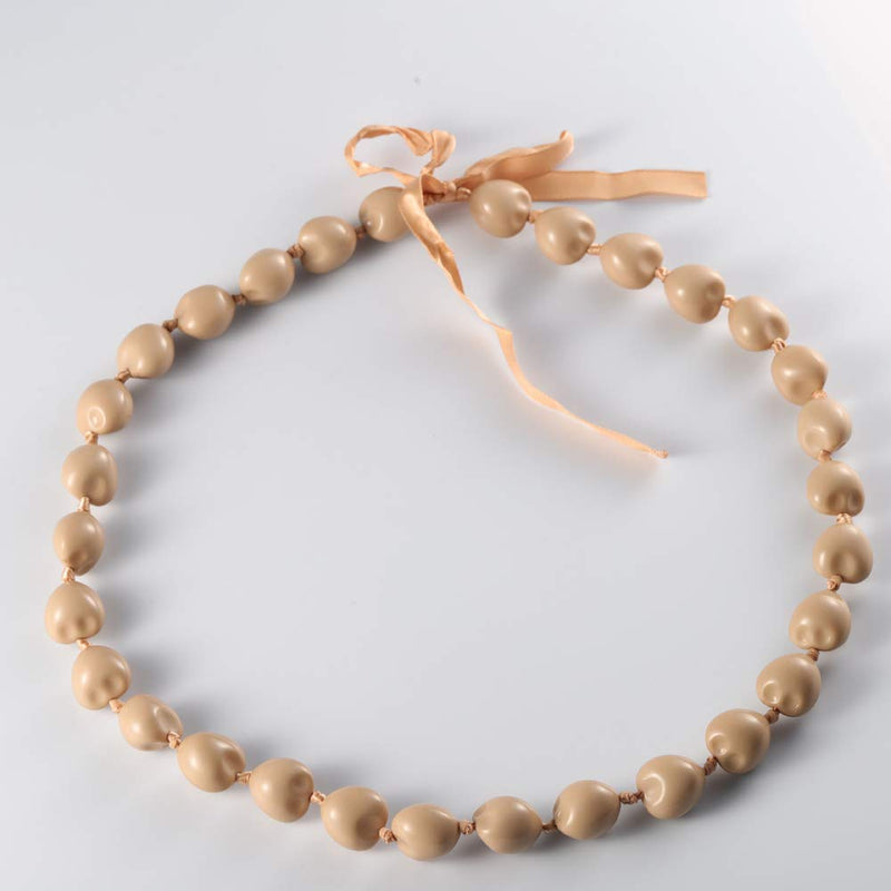 [Australia] - Chunky Hawaiian Kukui Nut Lei Necklace with Ribbon Bow Closure Graduation Gift beige 