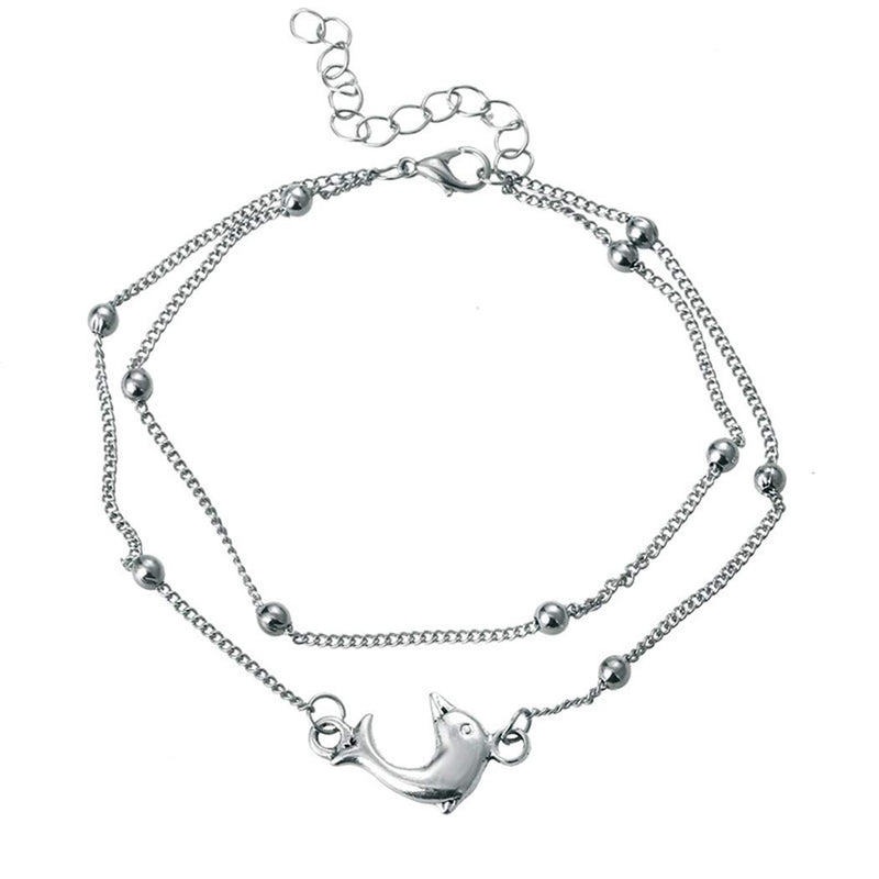 [Australia] - LittleB Boho Layered Anklets Dolphin Ankle Bracelet Beads Foot Chain Jewelry for Women and Girls (Silver) Silver 