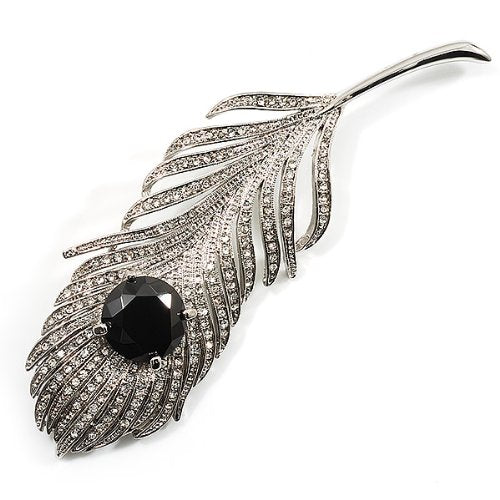 [Australia] - Avalaya Large Swarovski Crystal Peacock Feather Silver Tone Brooch (Clear & Black) - 11.5cm Length 