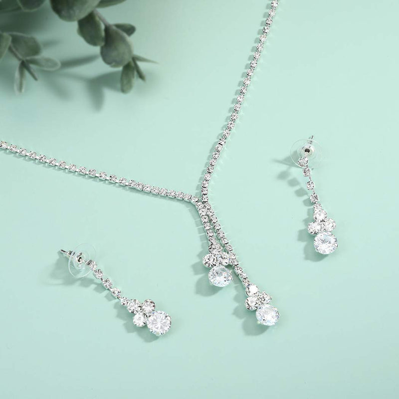 [Australia] - Aukmla Bride Wedding Necklace Earrings Set Silver Crystal Necklaces Rhinestone Necklaces Jewelry Accessories for Women and Girls Necklace-026 (Set of 3) 