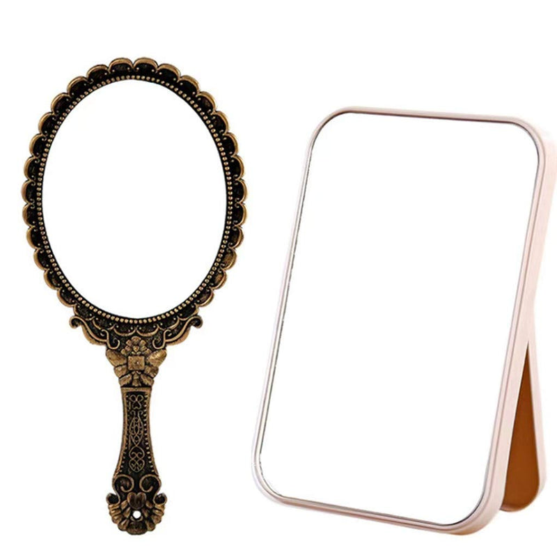 [Australia] - Dzrige Handheld Mirror Vintage Pattern Handle Makeup Mirror Hand Held Travel Mirrors Personal Cosmetic Mirror with Powder Puff (Bronze) 