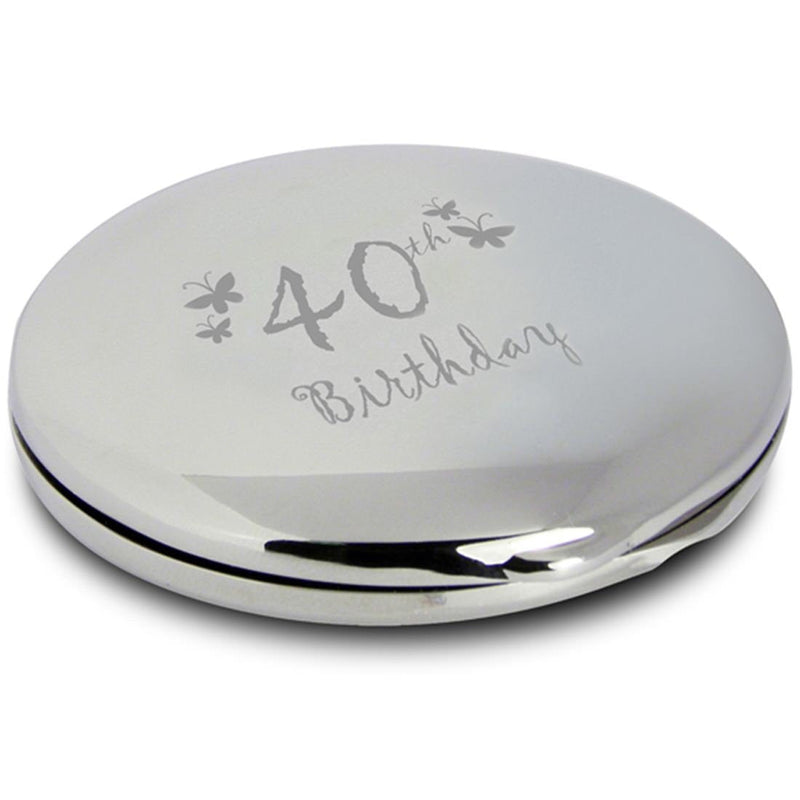 [Australia] - Silver Finish Engraved 40th Birthday Round Compact Mirror with Butterflies Great Idea for Birthday Gift Friends Presents Gifts 