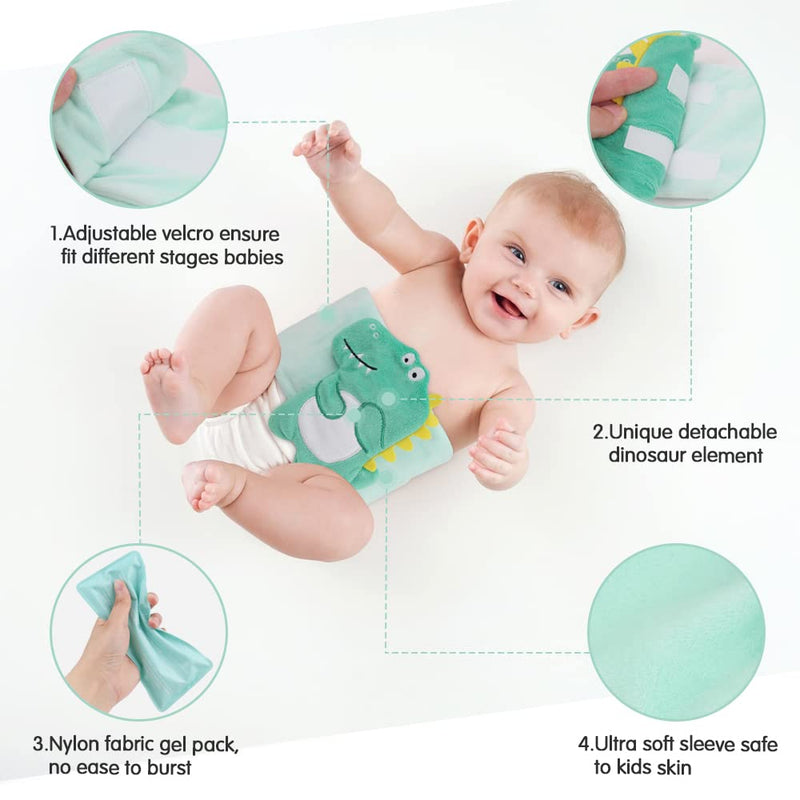 [Australia] - Hilph Infant Ice Pack Wrap for Baby Colic, Gas and Upset Stomach Relief, Heated Tummy Wrap with Gel Ice Pack, Natural Pain Relief for Upset Stomach in Kids and Toddlers - Green Dinosaur 