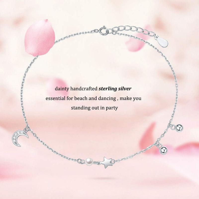 [Australia] - Mother's Day Gift | FANCIME Sterling Silver Anklets Cubic Zirconia Stunning Adjustable Summer Ankle Bracelet Jewelry for Women Girls 8+2" Moon & Star 