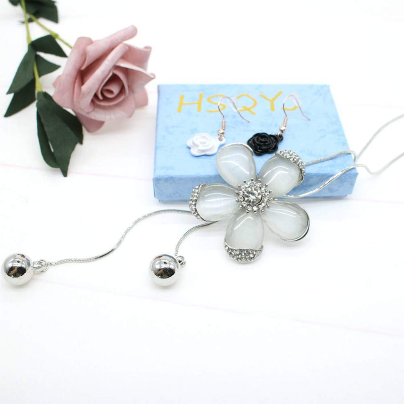 [Australia] - TULIP LY White Crystal Pendant Necklace Long Sweater Necklace Fashion Jewelry for Women Girls 5 Petals Flower Necklace 