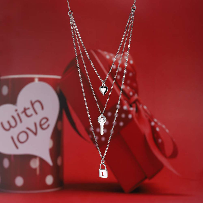 [Australia] - Vanbelle Sterling Silver "Heart", "Lock" & "Key" Multi-charim & Multi-layer Chain Necklace with Rhodium Plating for Women and Girls 