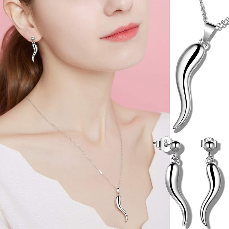 [Australia] - Besilver Sterling Silver Lucky Italian Horn Charm Necklace Earrings Set for Women Girls Hamsa Hand Star of David Necklace Protection Jewerly for Grandma Mon Birthday E, Horn Set Silver 