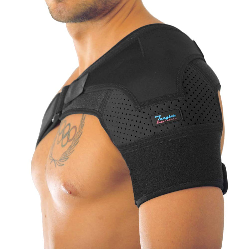 [Australia] - Shoulder Support Brace + Free Extension for Men and Women by Zeegler Orthosis - Adjustable Sleeve Compression and Stability for Chronic Pain, Aches in Injuries Such as Torn Rotator Cuff Dislocated AC Joint Subluxation Tears and Sprain (M-XL) (Left-Right) 
