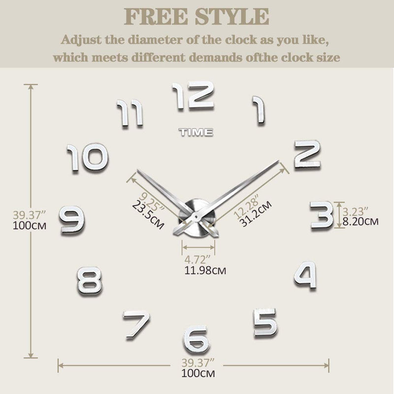 [Australia] - Vangold Frameless DIY Wall Clock 3D Mirror Wall Clock Large Mute Wall Stickers for Living Room Bedroom Home Decorations Silver 