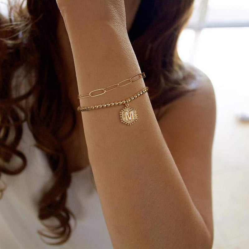 [Australia] - Gold Initial Bracelets for Women, 14K Gold Plated Beaded Bracelets for Women Teen Girls Hexagon Pendant Personalized Gold Layered Paperclip Link Chain Bracelets Initial Bracelet Dainty Initial Jewelry A 