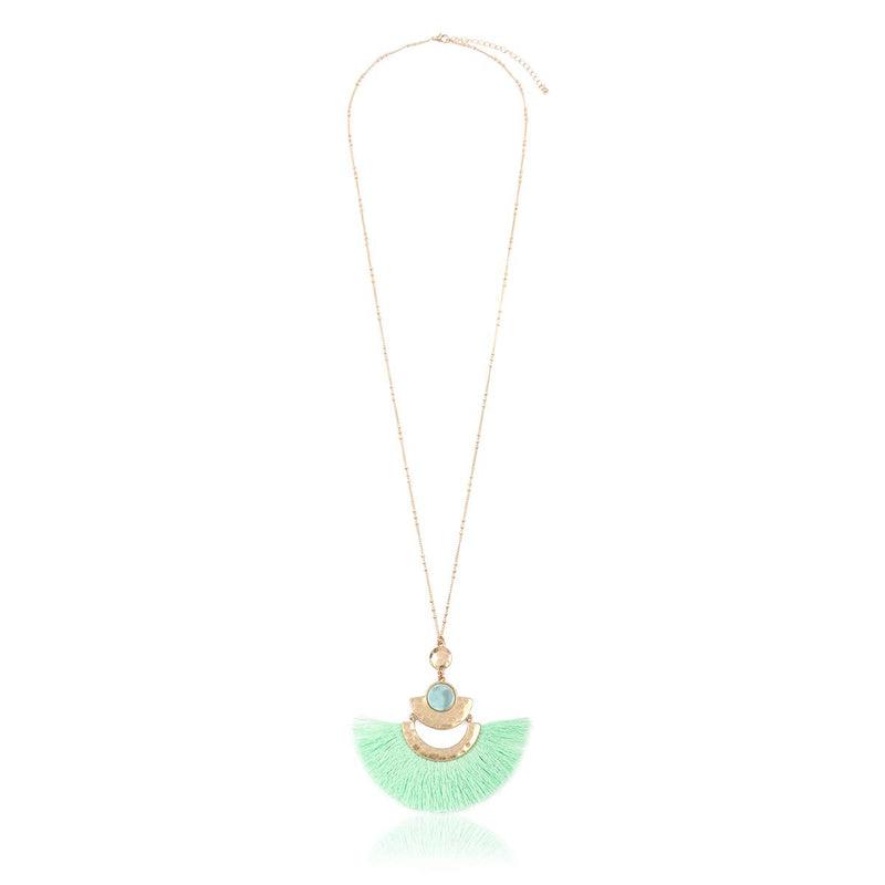 [Australia] - RIAH FASHION Bohemian Fan Tassel Pendant Statement Necklace - Silky Thread Strand Fringe Semi Circle Marquise Charm Long Chain Fan Tassel - Mint 