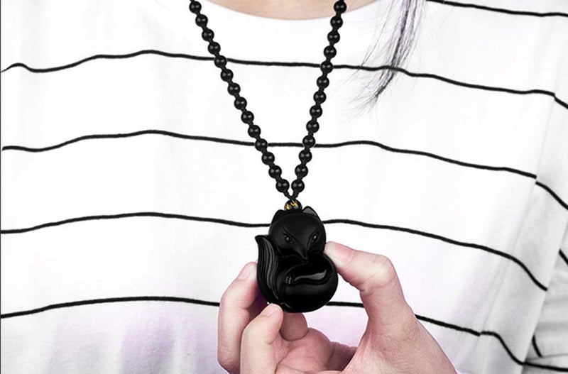 [Australia] - Pure Natural Obsidian Pendant Necklace Obsidian Crystal Pendant Necklace Pattern with Extend Bead Chain for Men or Women fox 