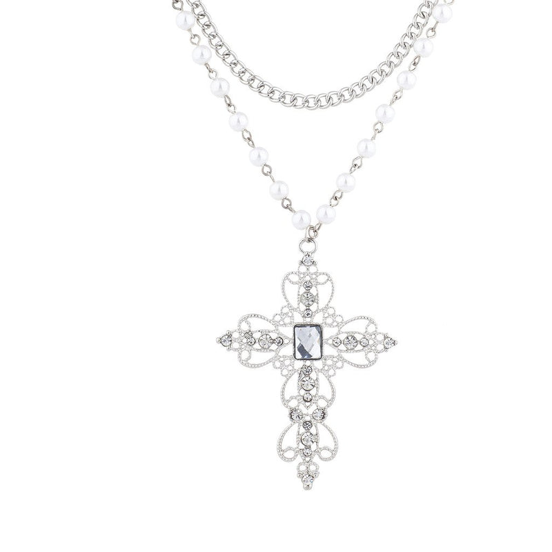 [Australia] - Lux Accessories Rosary Elegant Fancy Beaded Cross Necklace Silver 