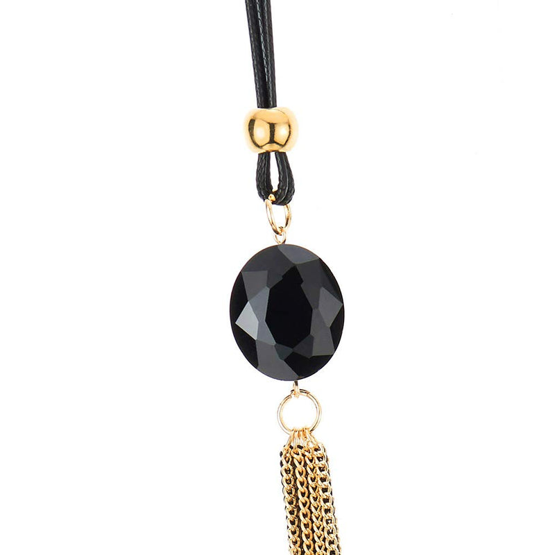[Australia] - COOLSTEELANDBEYOND Gold Black Statement Necklace Multi-Strand Long Chains with Black Gem Stone Charms Pendant, Dress 