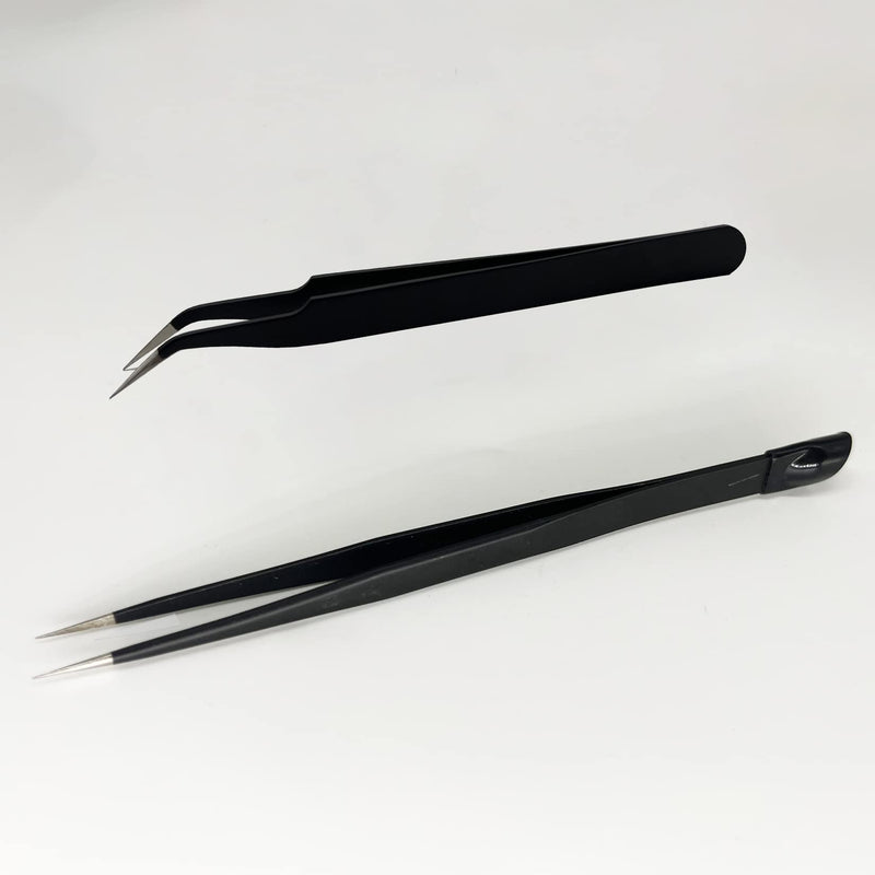 [Australia] - 2 PCS Nail Art Tweezers, Straight and Curved Tip Tweezers Rhinestone Stickers Picker Pointed Tweezers for Craft, Makeup Tools - Black 