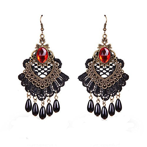 [Australia] - MEiySH Black Lace Gothic Lolita Pendant Choker Necklace Earrings Set Red set 001 