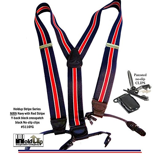 [Australia] - HoldUp American made Navy Blue with Red Striped Dual Clip Double-up Style Suspenders 