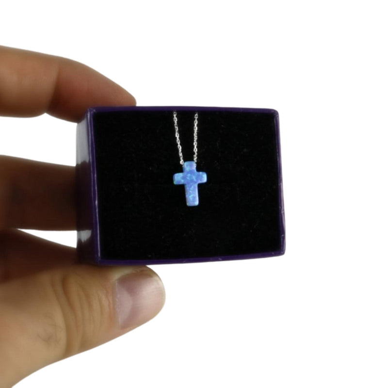 [Australia] - Women's Mini Blue Created Opal Cross Dainty Minimalist Pendant Necklace with 925 Sterling Silver Chain 16+2 inches Light Blue 
