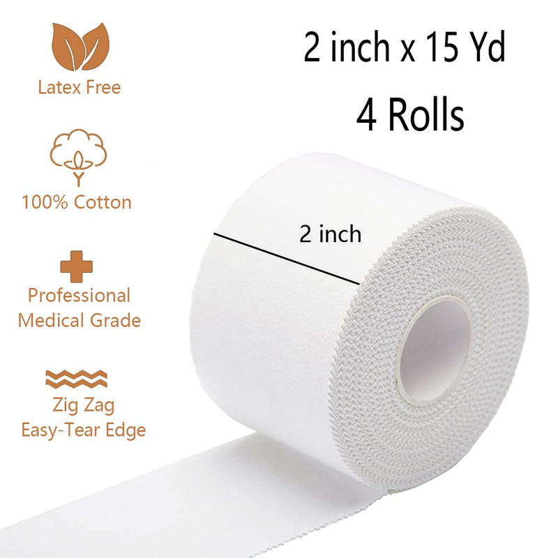 [Australia] - OBTANIM 4 Rolls White Athletic Sports Tapes No Sticky Residue - Latex Free Breathable Sports Tape for Athlete & Medical Trainers Gym Fitness Running Tennis Football, 2 Inch x 15Yard 