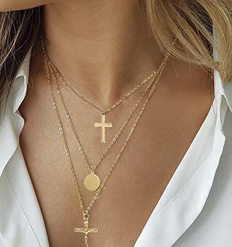 [Australia] - Zehory Boho Layered cross Necklaces Gold Sequin Jesus Pendant Necklace Chain for Women and Girls 