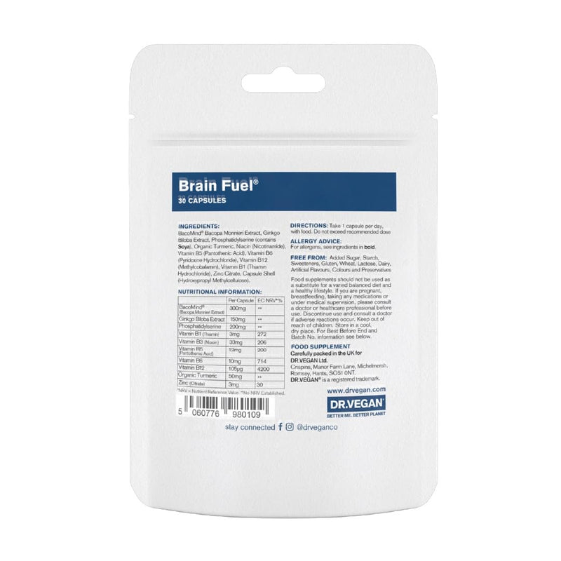 [Australia] - DR.VEGAN Brain Fuel | Memory & Focus, Brain Supplement, Clinically Tested BacoMind | 30 Capsules | One-A-Day | Includes Bacopa Monnieri 300mg, Ginkgo Biloba 150mg 