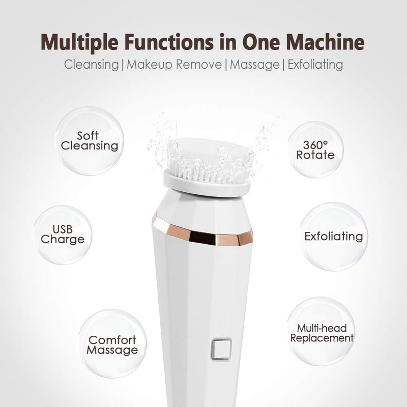 [Australia] - Electric Facial Cleansing Brush, with 4 Face Cleaning Brush Heads, 360° Rotating, Rechargeable Face Brush Skin Cleansing Waterproof, 3 Modes Face Brushes for Cleaning and Exfoliating, Massaging(white) White 