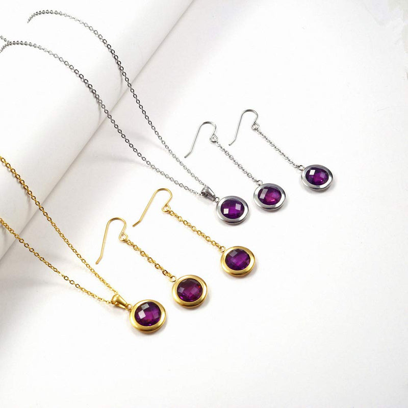 [Australia] - Worry-Free 18K Gold Plated Purple CZ Dangle Long Chain Hook Earrings+Necklace Set Silver Plated 