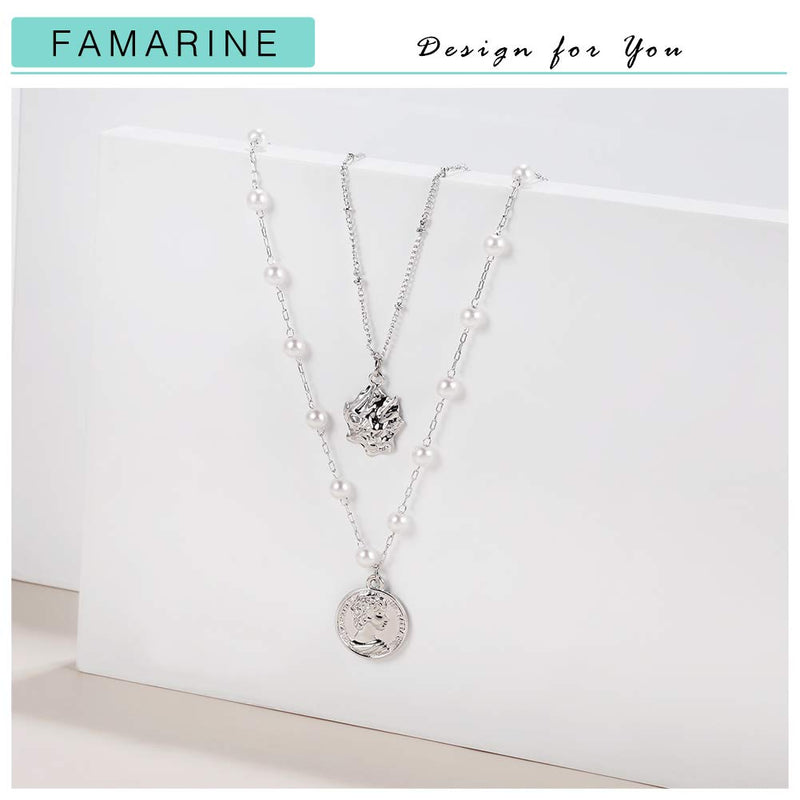 [Australia] - FAMARINE Gold Layered Pendant Long Necklace, 3 Layer Choker Necklace Chain Pendant Costume Jewelry for Women Silver Coin Layer Necklace 