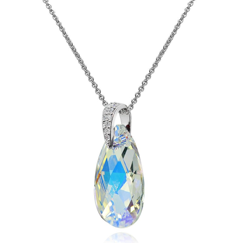 [Australia] - Sterling Silver Teardrop Pendant Necklace Made with Swarovski Crytals Aurora Borealis 