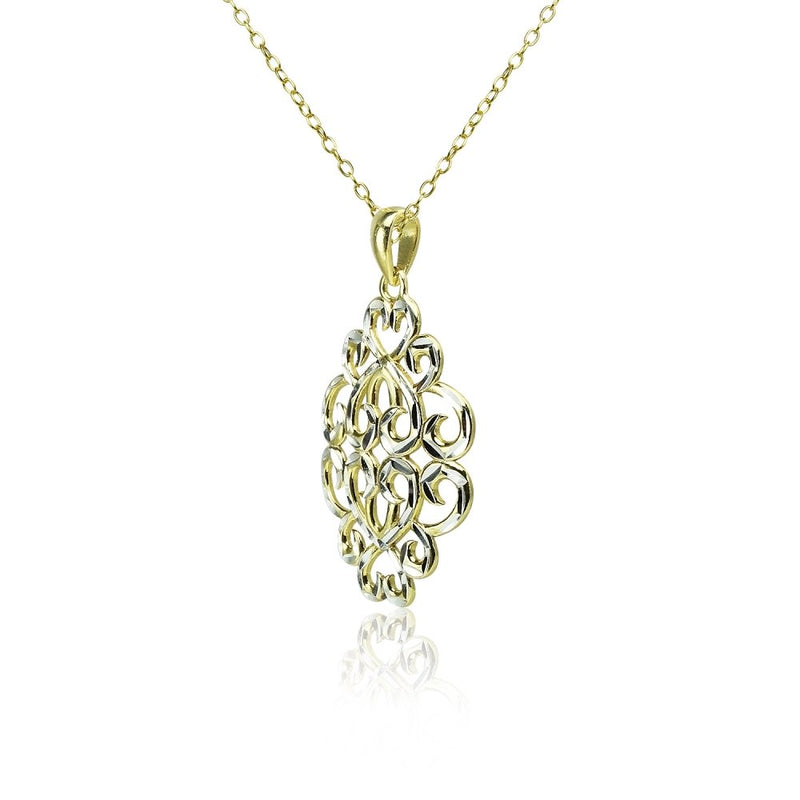 [Australia] - Sterling Silver Diamond-cut Filigree Swirl Hearts Necklace Yellow Gold Flashed 