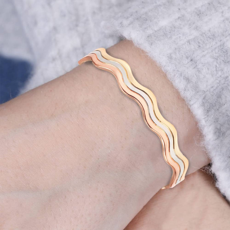 [Australia] - EnerMagiX Tri Tone Magnetic Copper Bracelets and Ring for Women or Men, Copper Bangles with 6 Magnets, 6.3'', Adjustable Size, Women's Day Gift for Mom, Wife 